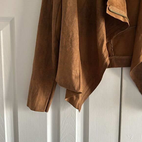 Rebecca Elliot Women’s Faux Suede Cognac Drape Jacket Asymmetrical Zip Size M - Picture 2 of 7